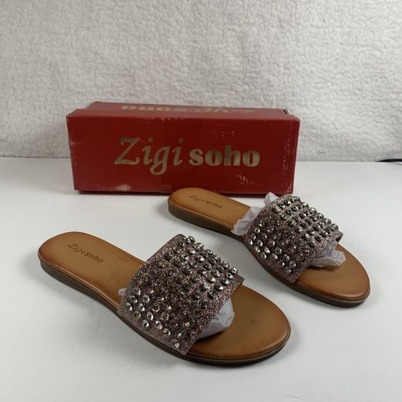 Zigi Soho Emilia Flat Slip On Slide Sandal Womens 8.5 Gold Sparkle Jeweled‎ 8016 - Picture 1 of 9